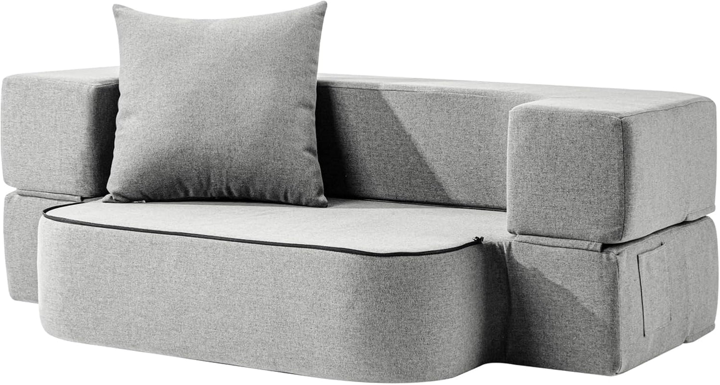 2-in-1 Folding Sofa Bed with Pillow - Folding Chair Floor Couch & Sleeping Mattress - Washable Cover & Memory Foam Sleeper Chair for Living Room/Guest Room/Apartment/Loft, Light Gray