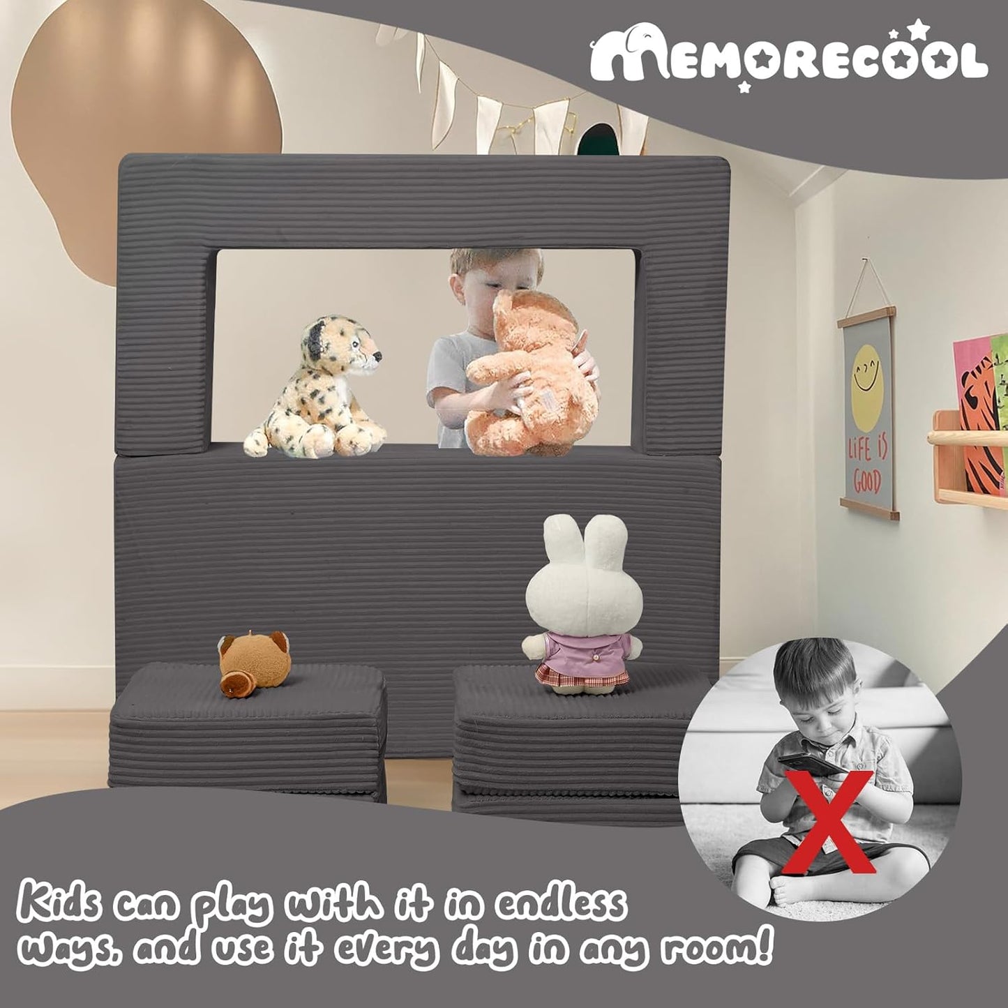 MeMoreCool Modular Kids Couch, Corduroy Play Toddler Couch for Bedroom Playroom Furniture, Convertible Foam Kids Sofa Bed, Fold Out Baby Sofa for Girl Boy, Dark Grey