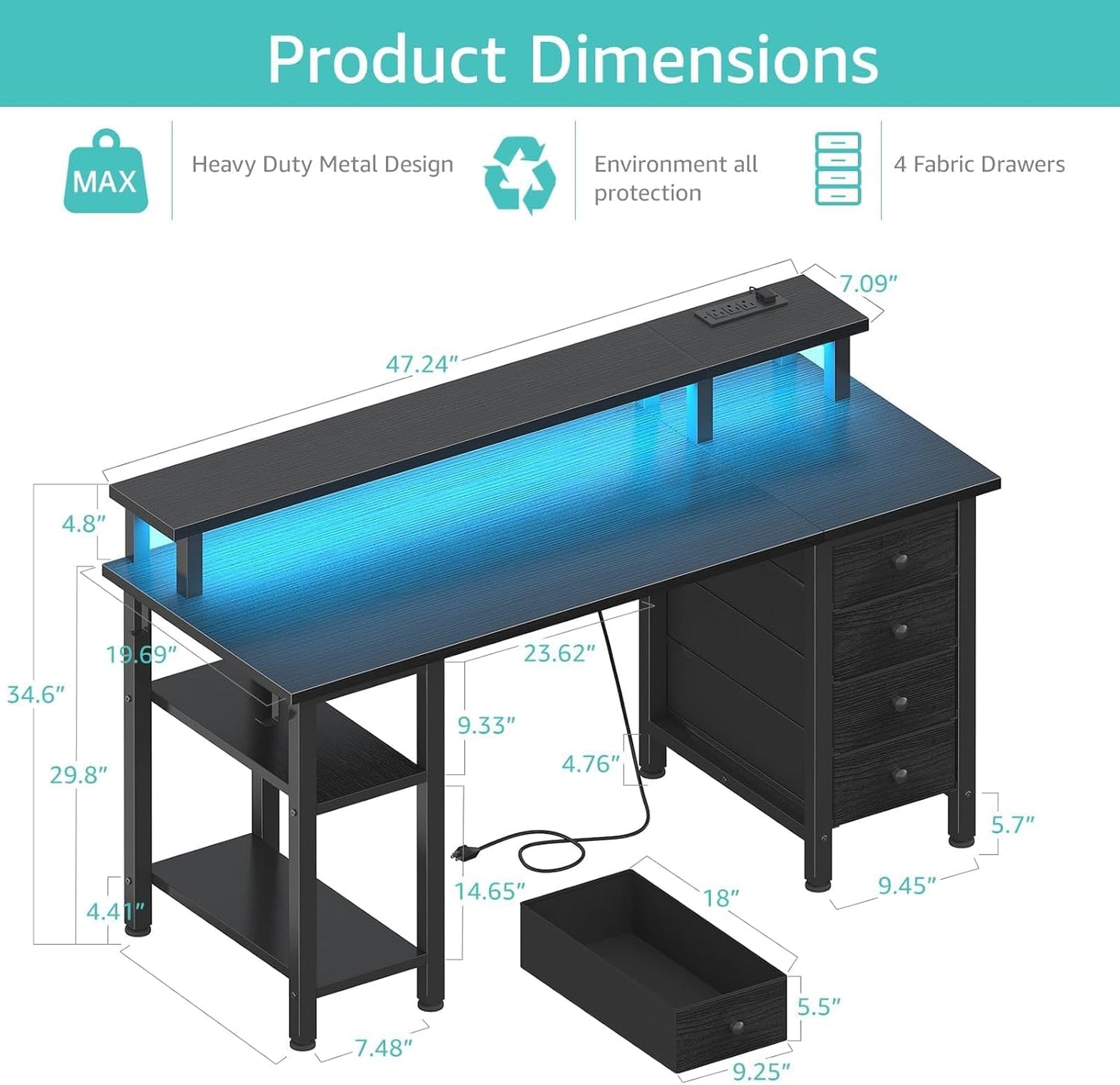 Lufeiya Black Gaming Desk with LED Lights and Power Outlets, 47 inch Computer Desk with Fabric Drawers and Storage Shelves, Home Office Desk with Monitor Stand, Black