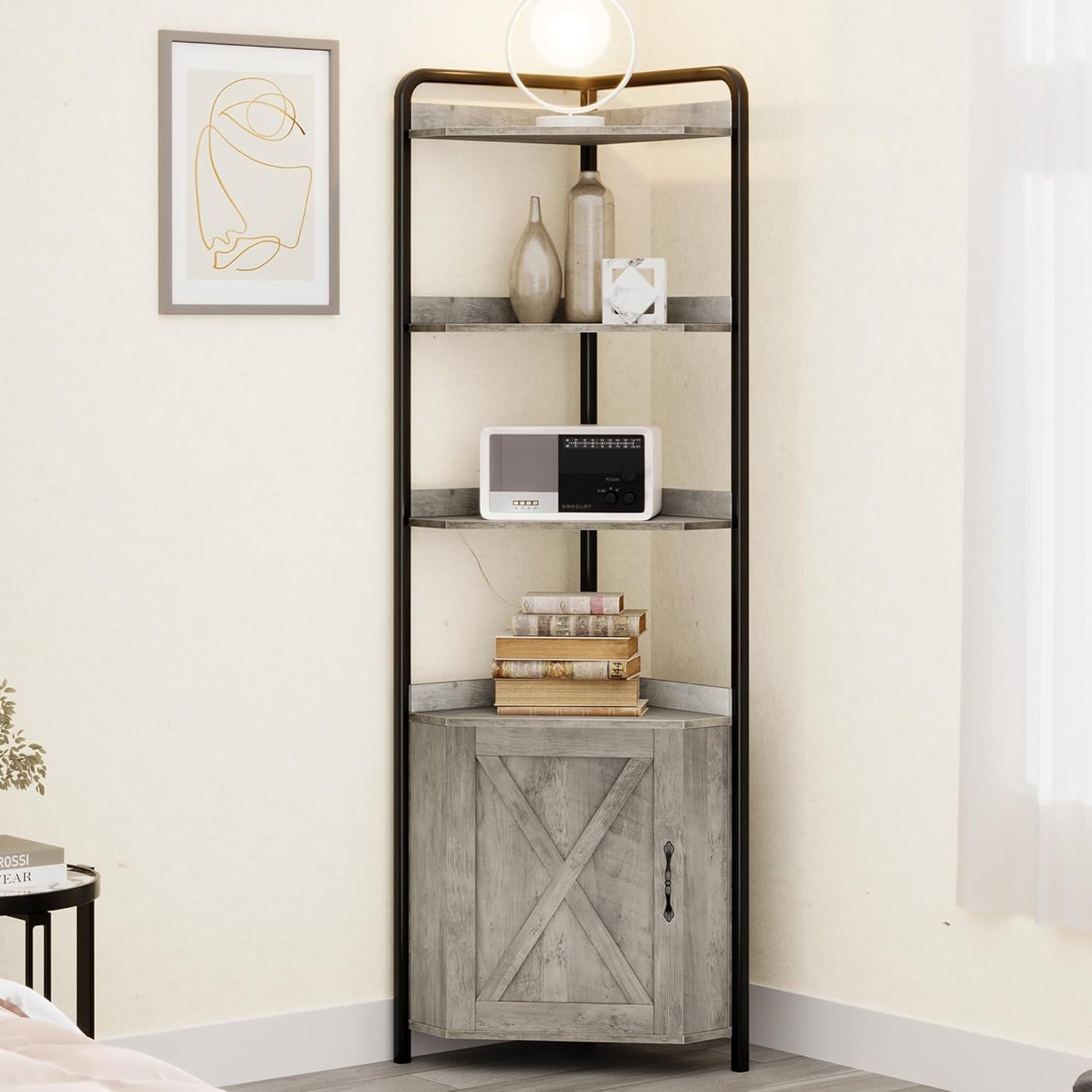 IDEALHOUSE 70.9 Inch Corner Cabinet 5-Tier Tall Corner Cabinet Farmhouse Bookshelves Rustic Storage Rack Industrial Bookcase Plant Stand for Living Room, Bedroom, Home Office, Kitchen