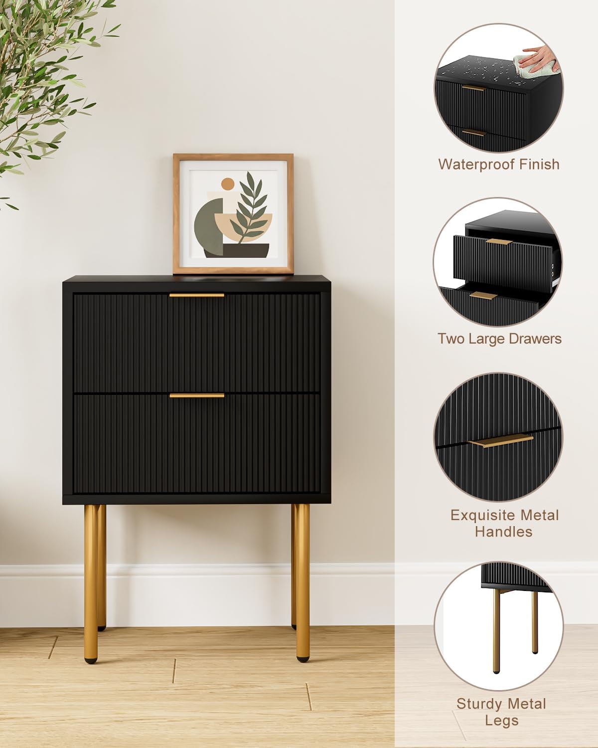 Nightstand,Morden Bedside Table with Gold Frame,Small White Night Stand,End Table,Bedside Furniture,Side Table with Drawer and Shelf for Bedroom,Living Room (2Drawers, Black)