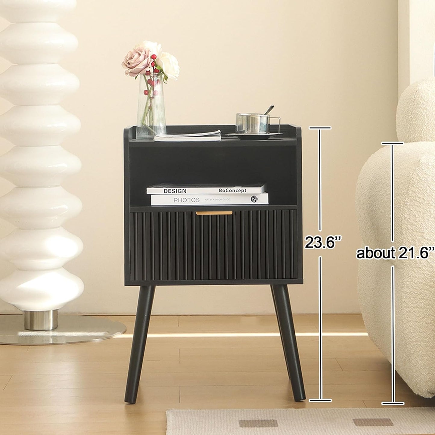 AWASEN Black Fluted Nightstand, Modern Bedside Table with Storage Drawers, Small Night Stand Bed Side Table with Solid Wood for Living Room, Bedroom, Office and Small Space (Black)