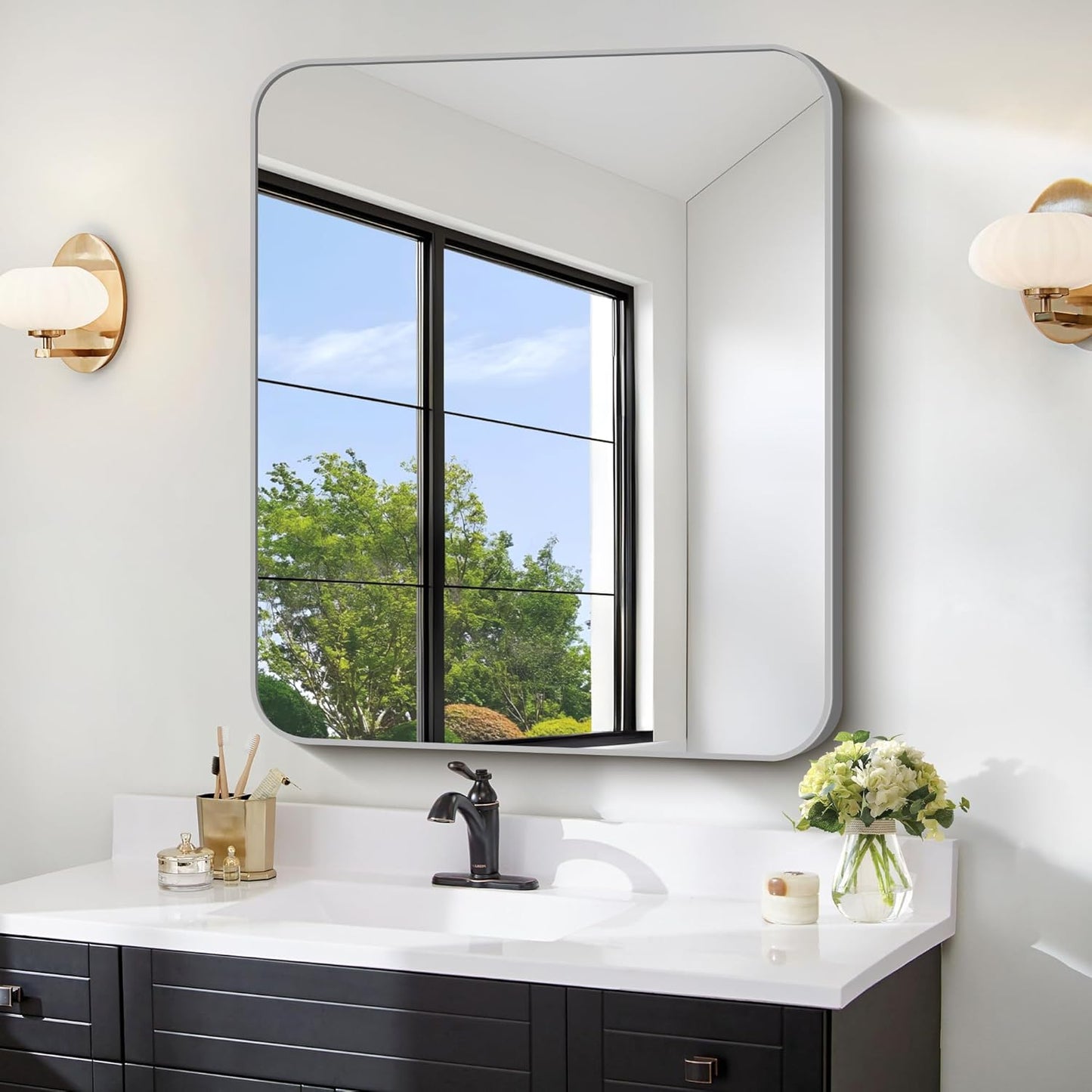 FORBATH 30x36 Inch Silver Bathroom Mirror for Over Sink, Large Rectangular Wall Mirror with Metal Frame, Rounded Corners for Bathroom, Bedroom, Entryway Decor (Horizontal or Vertical)