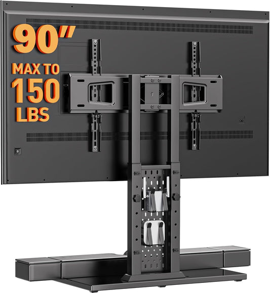 Perlegear Universal Swivel TV Stand with Pegboard Storage, Height Adjustable Table top TV Stand Mount for 42-90 Inch TVs, up to 150 lbs with Large Glass Base for Stability, Max VESA 600x400mm PGTVS36
