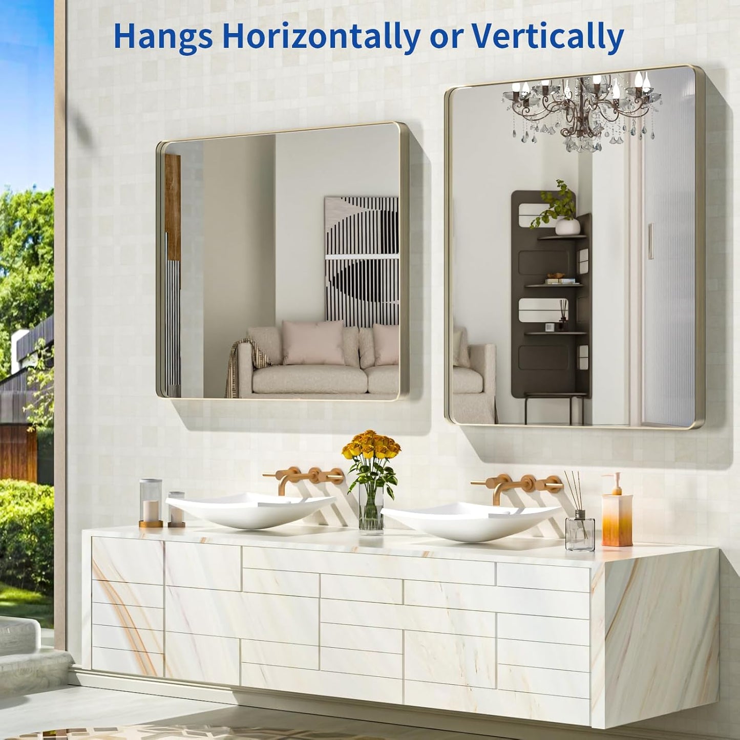 WEER 36X30 Inch Brushed Nickel Bathroom Mirror, Brushed Silver Metal Frame Mirror, Rounded Rectangle Silver Bathroom Vanity Mirror, Tempered Glass, Anti-Rust, Hangs Horizontally or Vertically