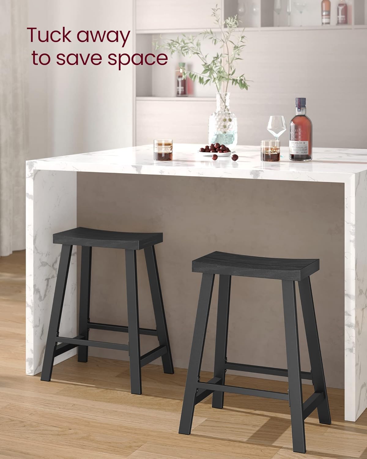 VASAGLE Bar Stools, Set of 2 Bar Chairs, Kitchen Breakfast Bar Stools with Footrest, 23.6 Inches High, Industrial in Living Room, Party Room, Black ULBC074B56