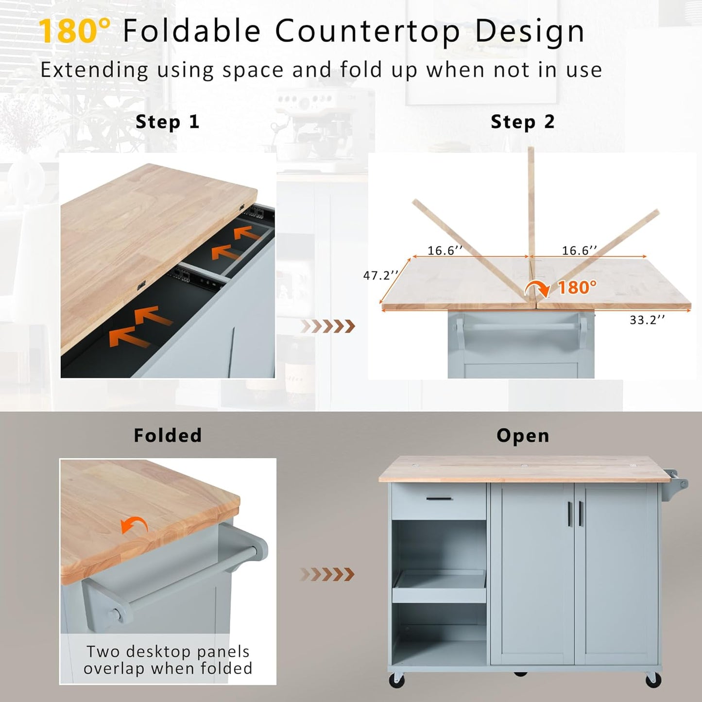 49" Kitchen Island with Foldable Counter Top,Kitchen Storage Cart W/Slide-Out Shelf,Towel Rack and Drawer,Rolling Kitchen Cart on Wheels,for Kitchen,Living Room,Dining Room,Grey Blue