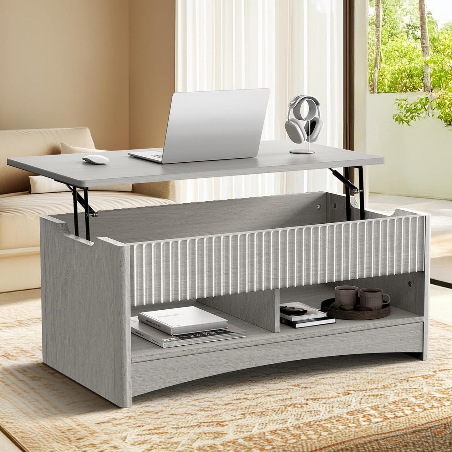 Marsail Lift Top Coffee Table with Open & Hidden Storage, Modern Fluted Coffee Table with Smooth Lift Mechanism, Sturdy Space-Saving Center Table for Home Living Room, Office, Light Grey