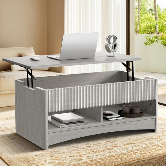 Marsail Lift Top Coffee Table with Open & Hidden Storage, Modern Fluted Coffee Table with Smooth Lift Mechanism, Sturdy Space-Saving Center Table for Home Living Room, Office, Light Grey