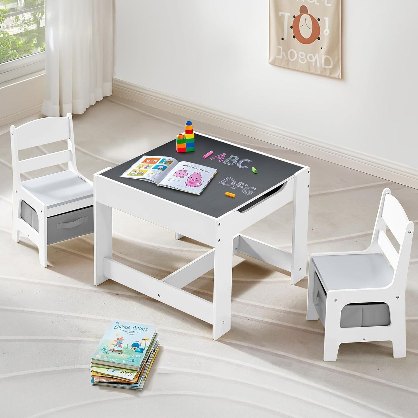 Kids Table and Chairs Set, 4 in 1 Wooden Kids Table with Reversible Tabletop, Children Activity Table with Removable Tabletop Storage, Toddler Table and Chair Set for Home, Nursery, Playroom