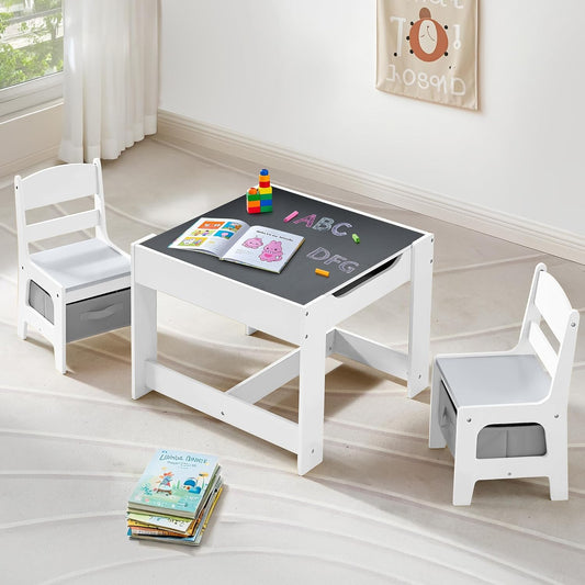 Kids Table and Chairs Set, 4 in 1 Wooden Kids Table with Reversible Tabletop, Children Activity Table with Removable Tabletop Storage, Toddler Table and Chair Set for Home, Nursery, Playroom