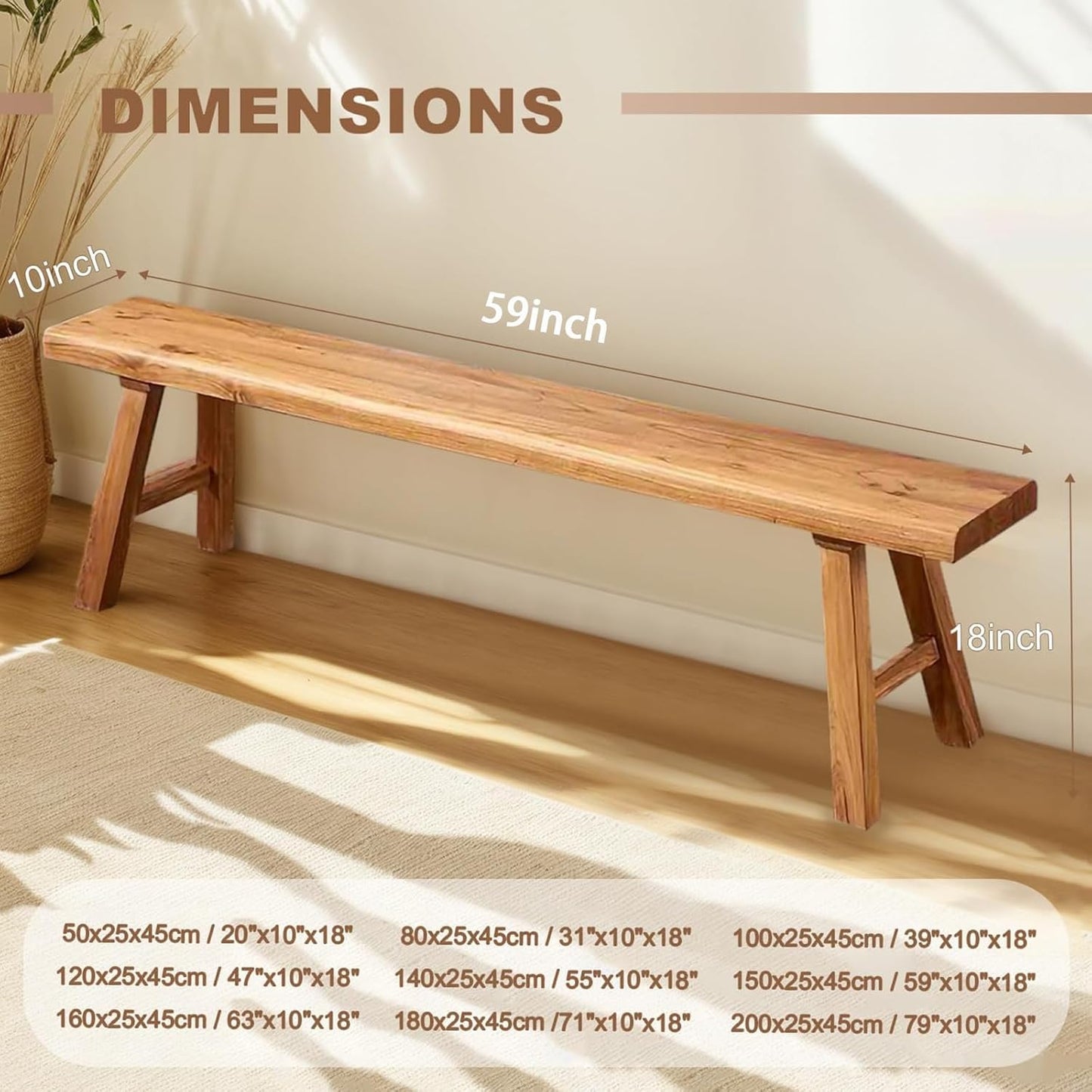 Farmhouse Solid Wood Bench: Long Rustic Indoor Narrow Wooden Bench for Entryway,Living Room, Dining Room,End of Bed,Hallway (59" Lx10 Wx18 H)