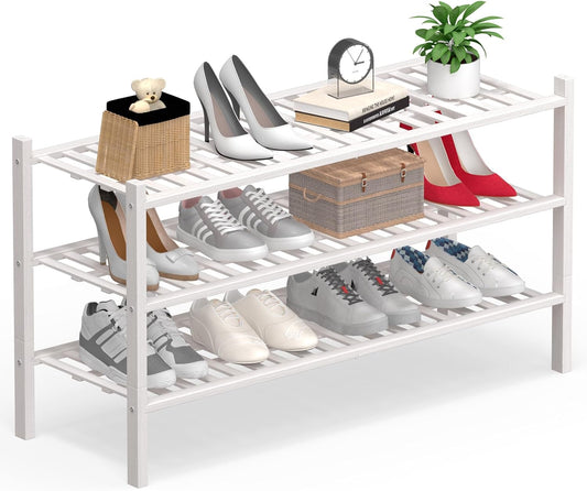 Haddockway Long 3 Tier Bamboo Shoe Rack Storage Organizer, Multifunctional Free Standing Stackable Shoe Shelf with Grid Panel for Closet,Hallway,Entryway,Small Space 34.2"x11"x20"(White, 3-Tier(Long))