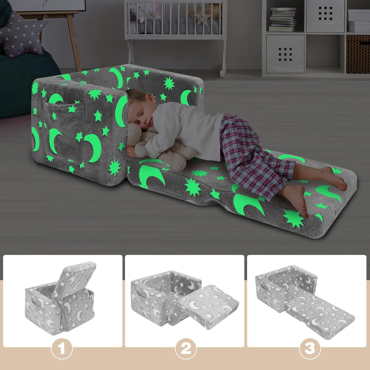 SLIGUY Toddler Couch, Toddler Chair. Kids Couch, Baby Couch, Couch for Kids, Toddler Convertible to Lounger Pull Out Couch, Glow in The Dark Sofa Chair for Boys Medium