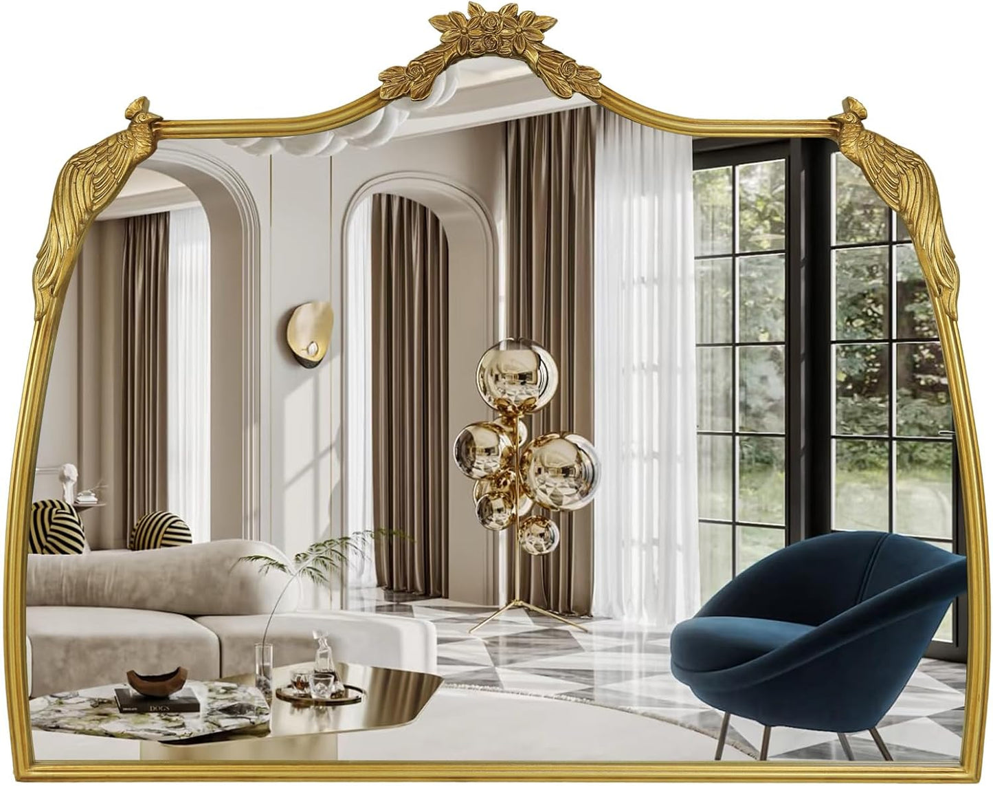 Baroque Mirror with Gold Vintage Decoration, Antique Brass Wall Mounted Mirror for Fireplace/Living Room/Hallway/Bathroom, Retro Palace Style for Decoration