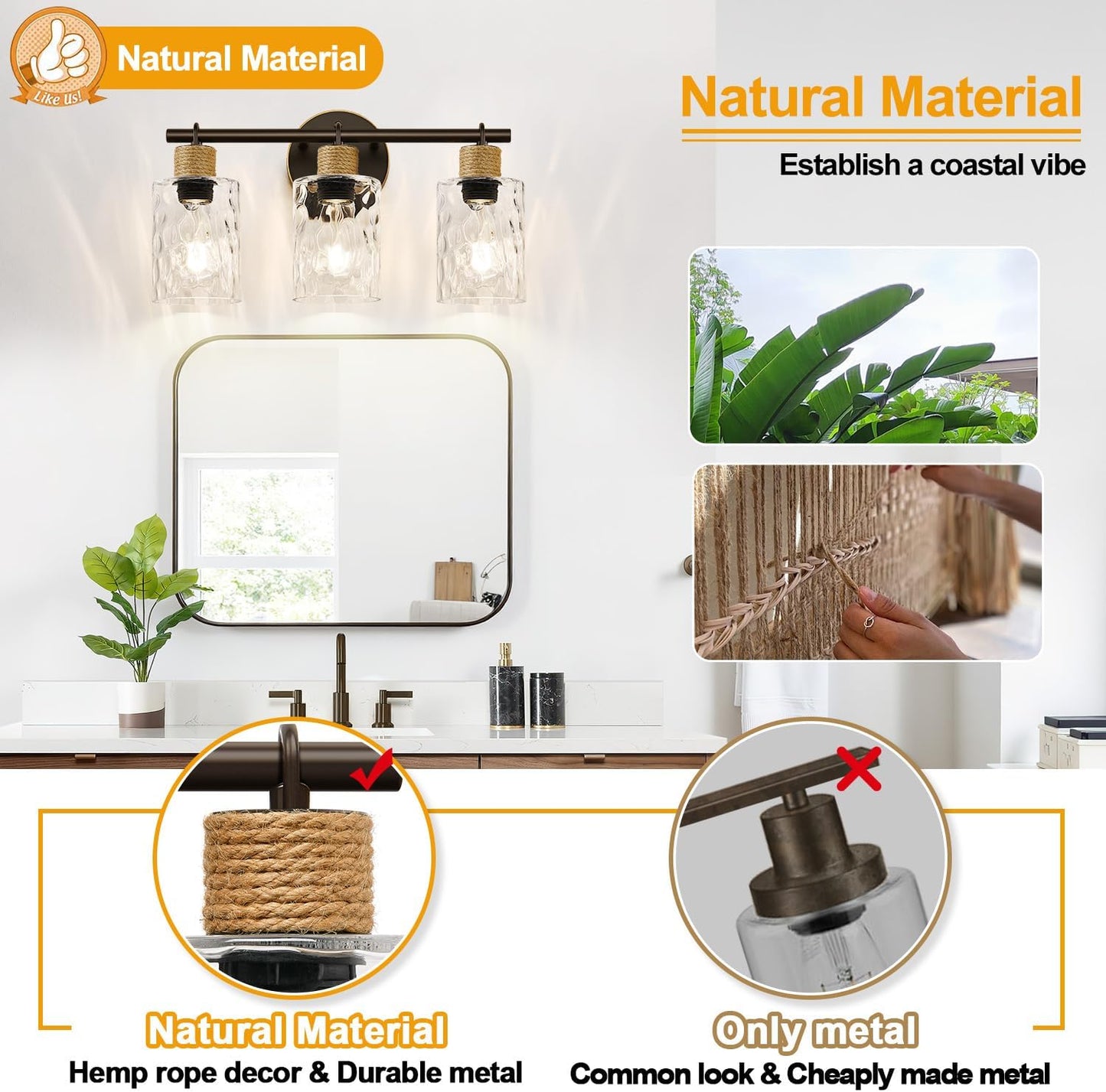 2025 Upgrade Bathroom Light Fixtures, 3-Light Coastal Vanity Lights with Crystal Glass Shade, Oil-Rubbed Bronze Bathroom Wall Lamp for Mirror Kitchen Hallway Cabinet