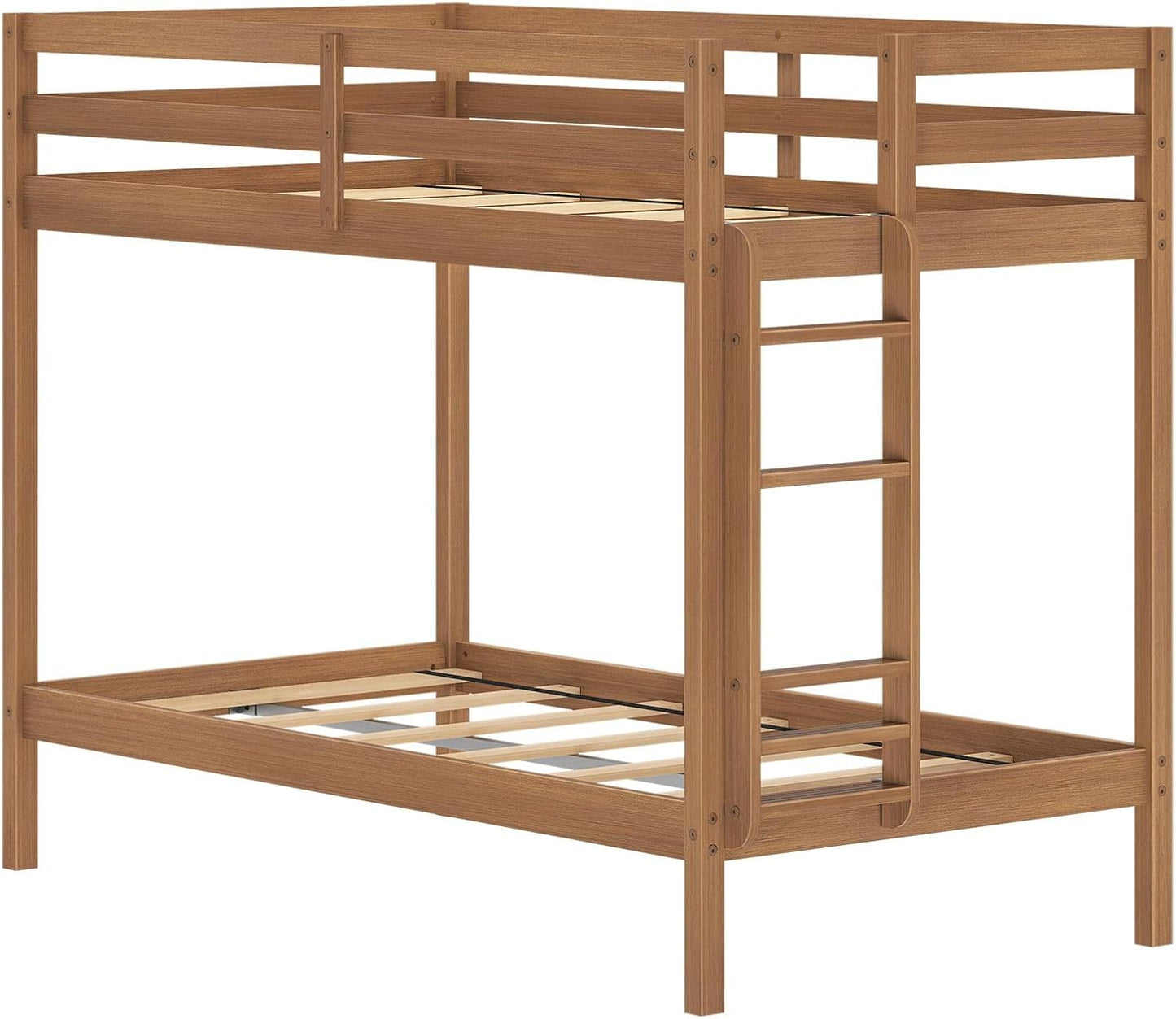 Grain & Grove Bear Twin Over Twin Bunk Bed, Sturdy Bunk Bed Frame for Kids, Plywood Bunk with Ladder, Guardrail, and Slats, No Box Spring Required, Oak Embossed Pecan