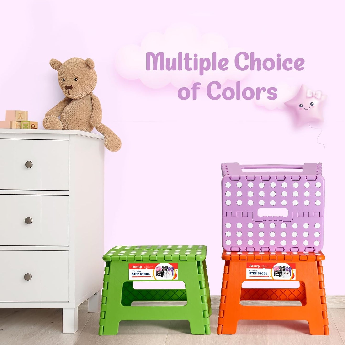 ACSTEP 9 Inch Folding Step Stool 300 LB Capacity Plastic Foldable Step Stools for Kids and Adults, Folding Stool Suitable for Kitchen, Stepping Stool with Handle Light Purple Small Step Stool 1PC