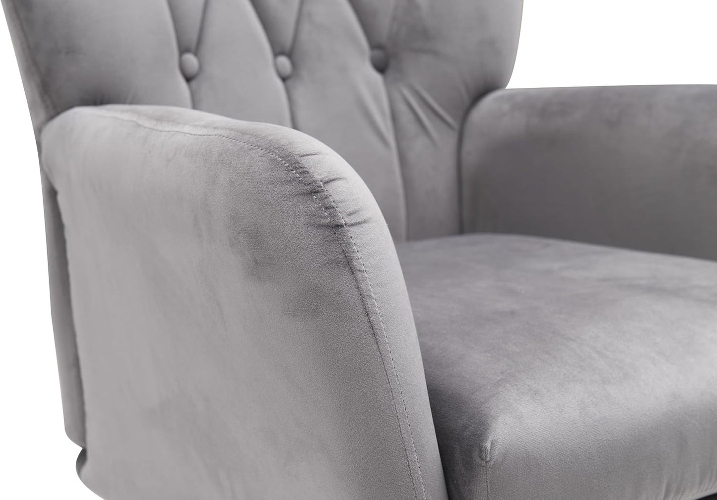 Container Furniture Direct Modern Chic Mid-Century Velvet Accent Armchair for Living Room, Bedroom, or Home Office, Button-Tufted Wingback Design with Gold Flared Legs, Grey