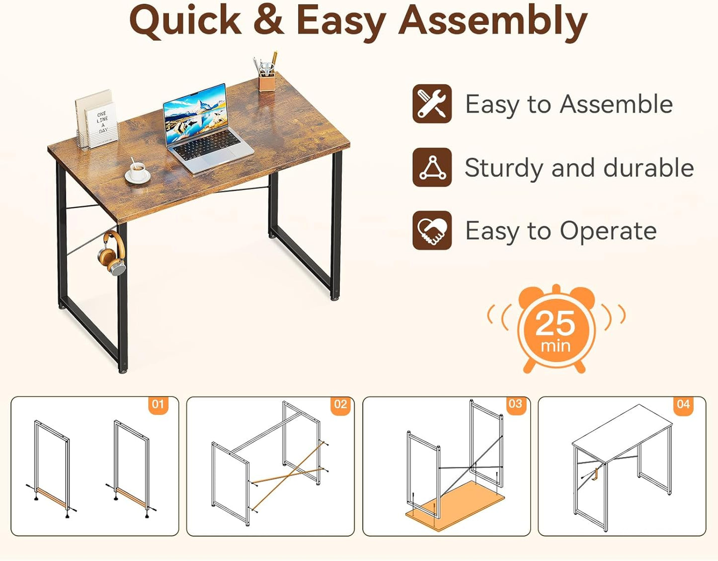 ODK 32 Inches Small Desk for Home Office, Computer Study Table for Small Spaces, Writing Desk with Headphone Hooks, Vintage