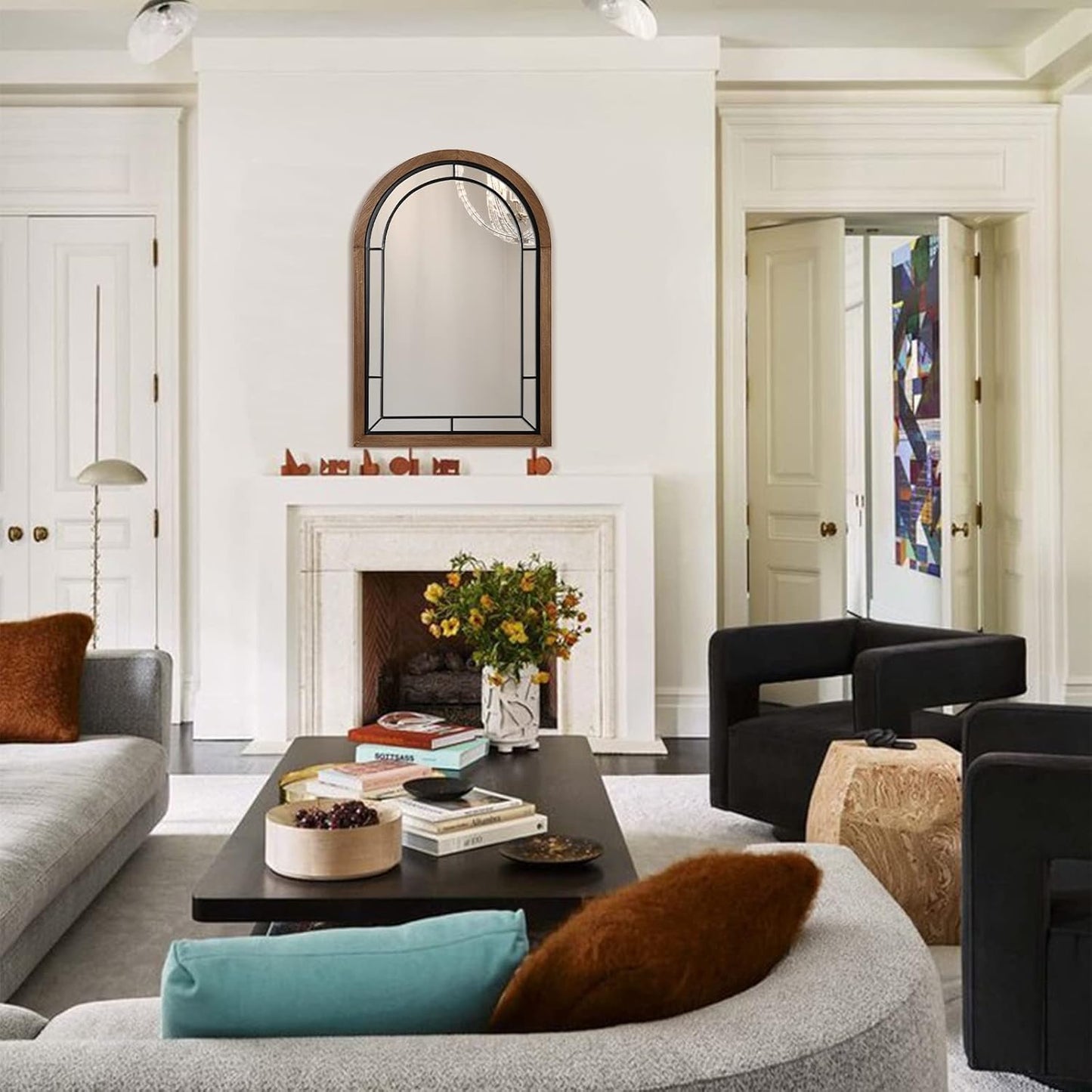 blue page Arched Mirror, Farmhouse Wall Decor Accent, Rustic Wood Framed Mirror Like Window for Bathroom Vanity, Bedroom, Entryway, and Living Room