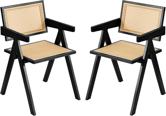 Tiita Rattan Accent Chairs, Mid Century Modern Dining Chairs Set of 2, Bamboo Living Room Chair for Reading Room Dining Kitchen, Black