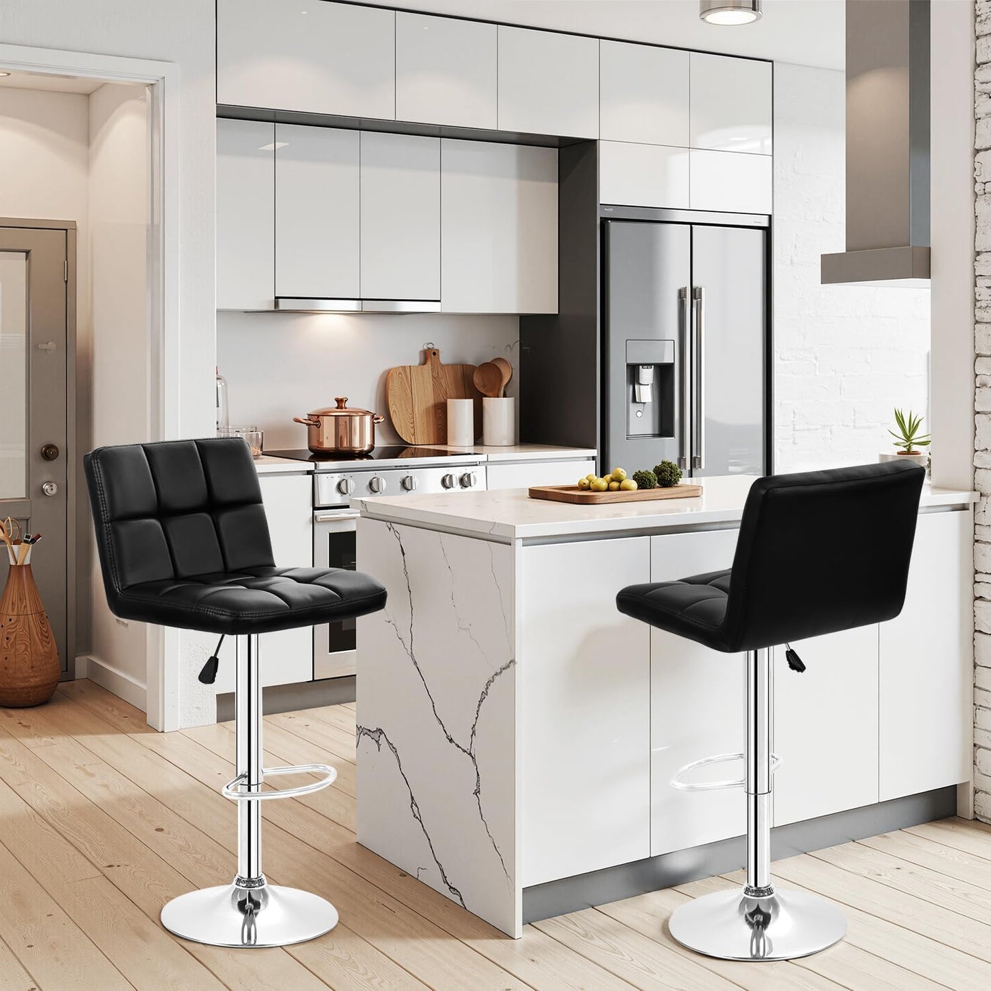 BestOffice Bar Stools Set of 2, Adjustable PU Leather Swivel Barstools, Modern Counter Stools with Back and Footrest, Counter Height Barstools for Bar, Kitchen and Dining Room