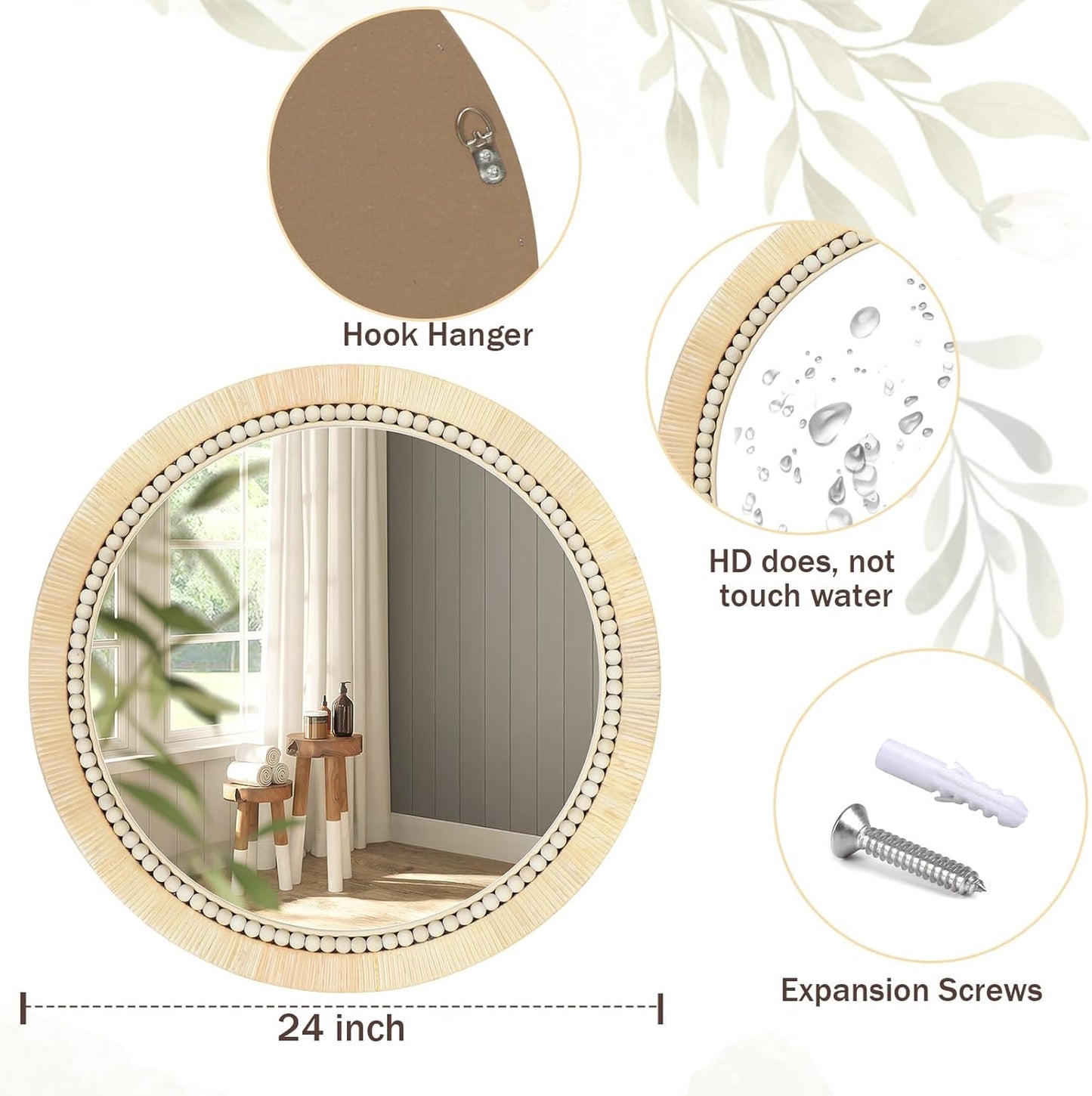 ULIKE Round Rattan Mirror, Bathroom 24 Inch Rustic Farmhouse Wall Decor with Handmade Wicker Frame, Boho Mirror for Nursery Bedroom Living Room Entryway