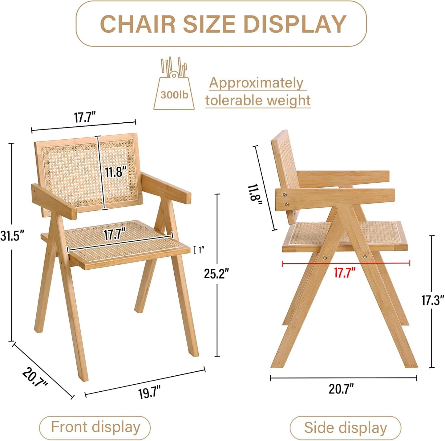 Tiita Rattan Accent Chairs, Mid Century Modern Dining Chairs Set of 2, Bamboo Living Room Chair for Reading Room Dining Kitchen, Wood