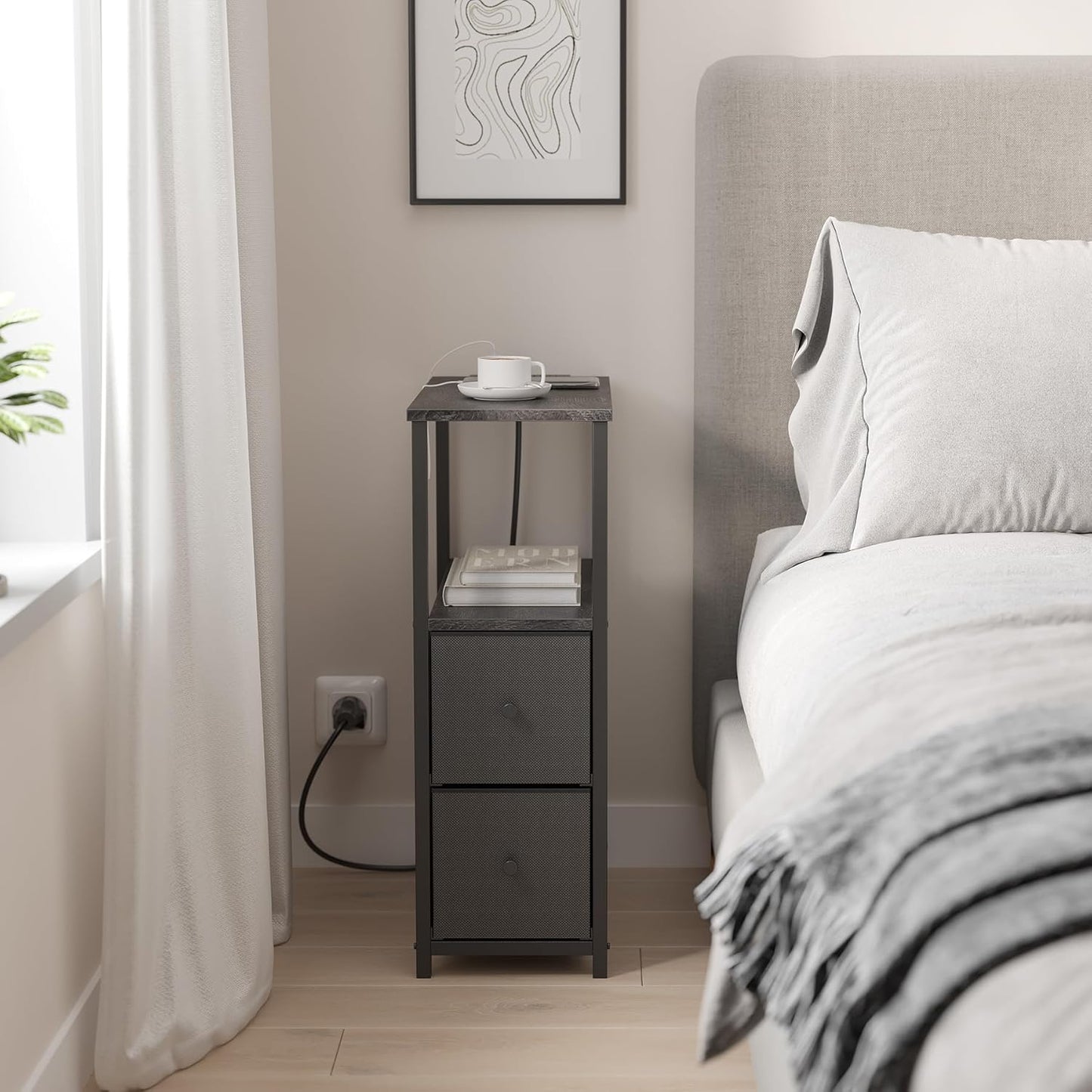 TUTOTAK Small Narrow LED End Table with Charging Station, Side Table Outlets, Nightstand with 2 Cloth Drawers, Set of 2, Couch Table, for Living Room, Bedroom, Bedside, Charcoal Grey TB01BY056