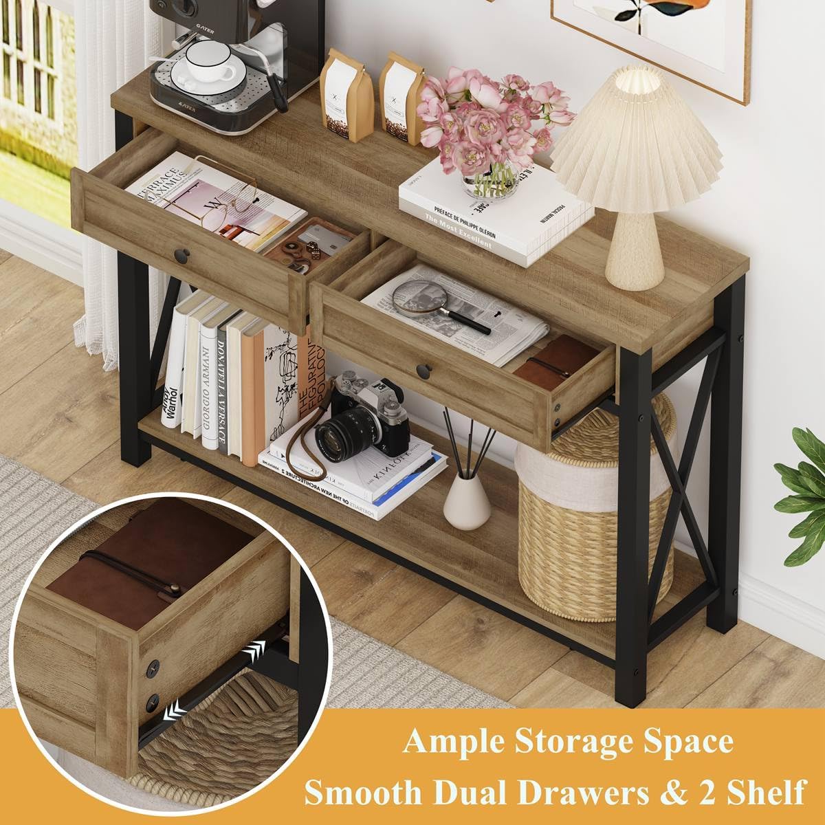 BON AUGURE Entryway Table with Drawers, Sofa Table with Storage, Couch Tables Behind Sofa for Living Room, Foyer Tables for Hallway, Entry, Front Door (Vintage Oak, 47 Inch)