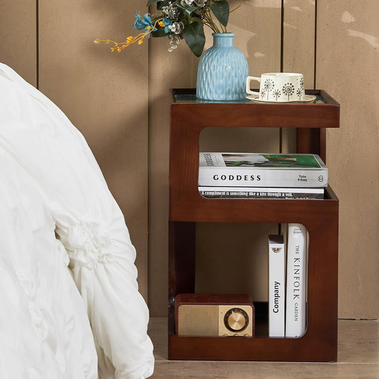 CozyDH 3-Tier End Table No Assembly Required, Modern Side Table 3-Tier Wood Nightstand for Small Spaces with Open Storage, Walnut Bedside Table for Bedroom