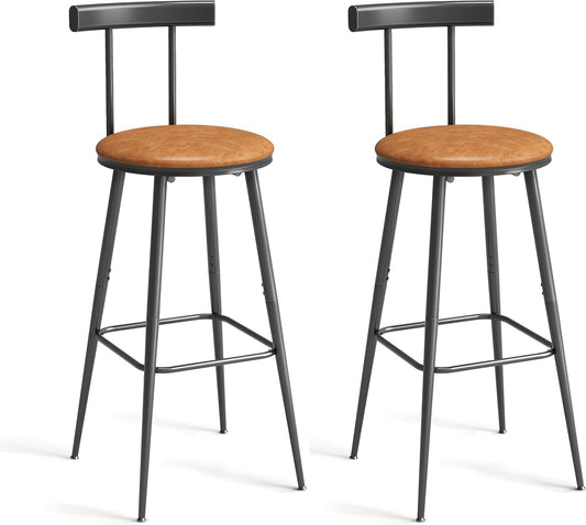 Bar Stools, Set of 2 High Kitchen Barstools, Bar Chairs with Backrest and Footrest, Industrial Counter Stools with PU Soft seat, for Kitchen, Living Room, Pub, Rustic Brown BS-013RB