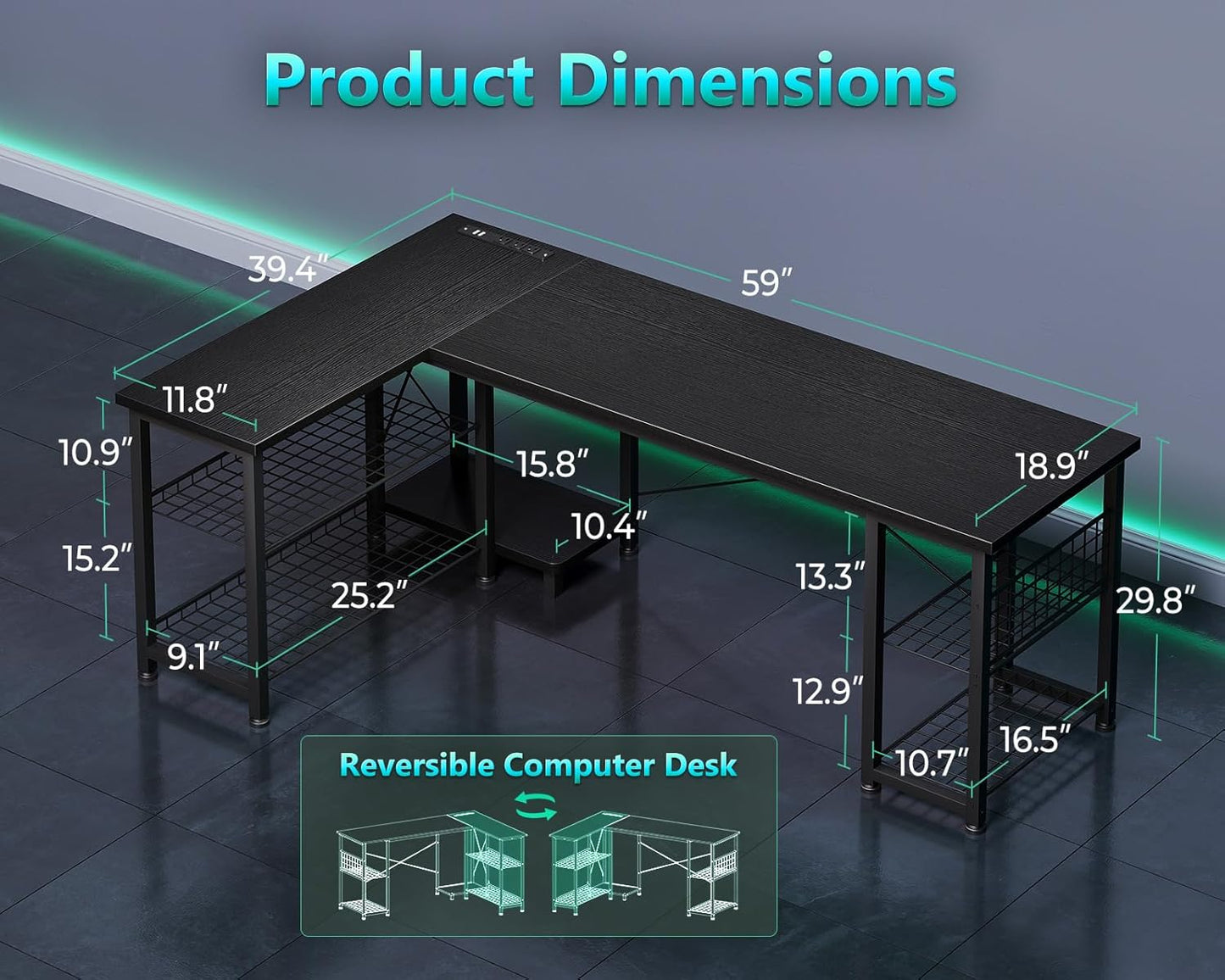 Casaottima 59 Inch L Shaped Gaming Desk with Shelves & Power Outlets, Reversible Computer Desk with Storage Shelves for Home Office, Black