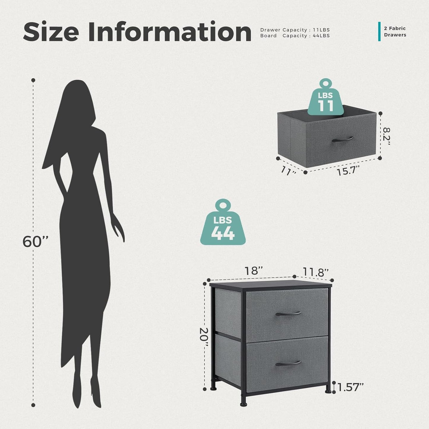 DUMOS Nightstand Small Dresser with 2 Fabric Drawers Side Bedroom End Table Kids Bedside Storage Furniture for 20 inch Tall Night Stand for Closet, Entryway, College Dorm, Grey