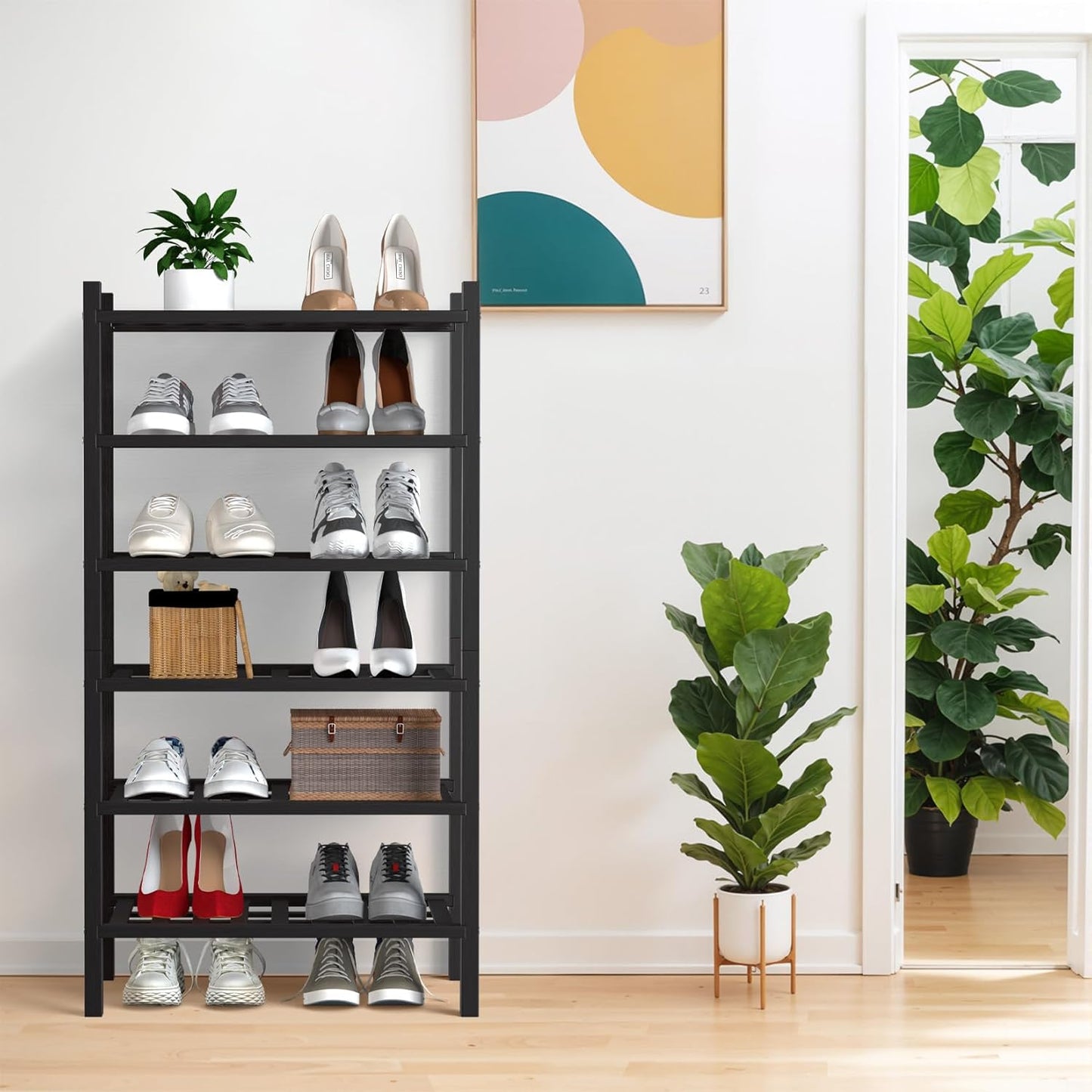 Haddockway small 6 Tier Bamboo Shoe Rack Storage Organizer, Multifunctional Free Standing Stackable Shoe Shelf with Grid Panel for Closet,Hallway,Entryway,Small Space 18"x11"x34"(Black, 6-Tier(Small))