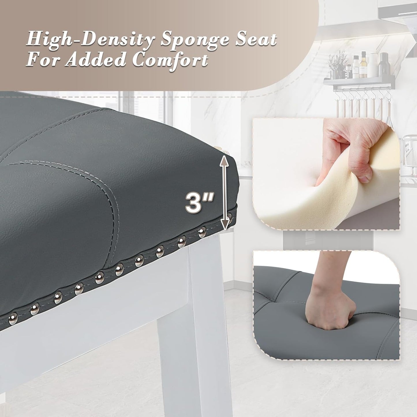 Athena Collection Bar Stools Set of 2, 25 Inches Counter Height Bar Stools Backless with Footrest, Leather Upholstered Saddle Barstools with Nailhead Trim for Kitchen Island, Counter, Grey White