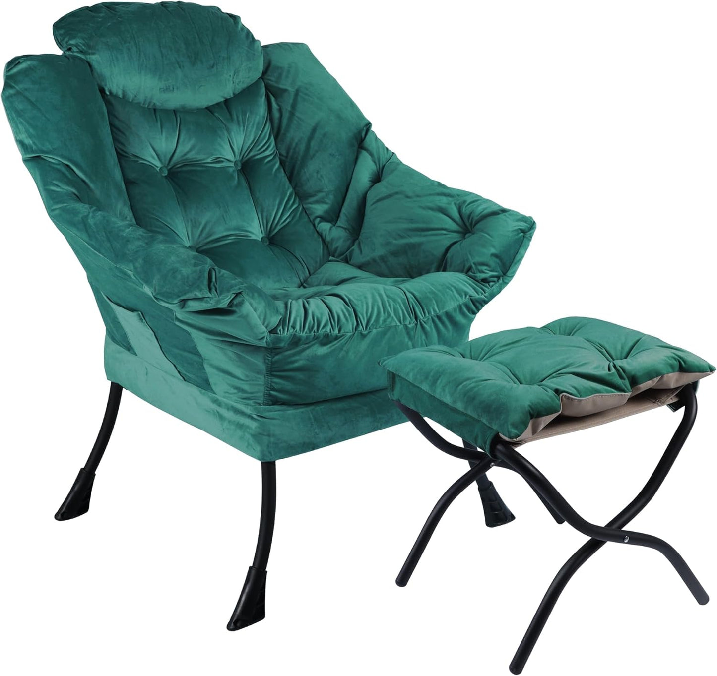 Lazy Chair with Folding Ottoman,Living Room Chairs, Accent Contemporary Lounge Chair, Single Steel Frame Leisure Sofa Chair with Armrests and A Side Pocket (DL56BLACKISH Green)
