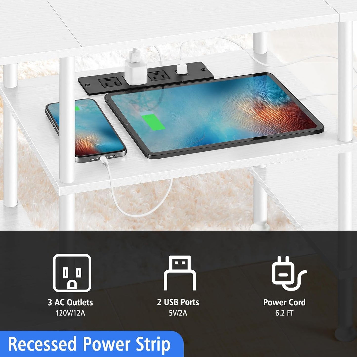 BTY White TV Stand with Storage, Wood Entertainment Center with Power Outlet, 3 Tier Small TV Table with Open Shleves for Living Room, Bedroom, Small Space, up to 50 inch TV