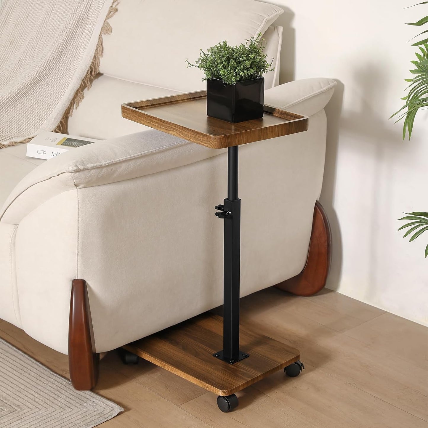 Adjustable Height Couch Tables That Slide Under Sofa, 360° Swivel Modern Tv Tray Table with Wheel, C Shaped End Table for Couch, C Table for Small Place, Perfect for Livingroom, Bedroom