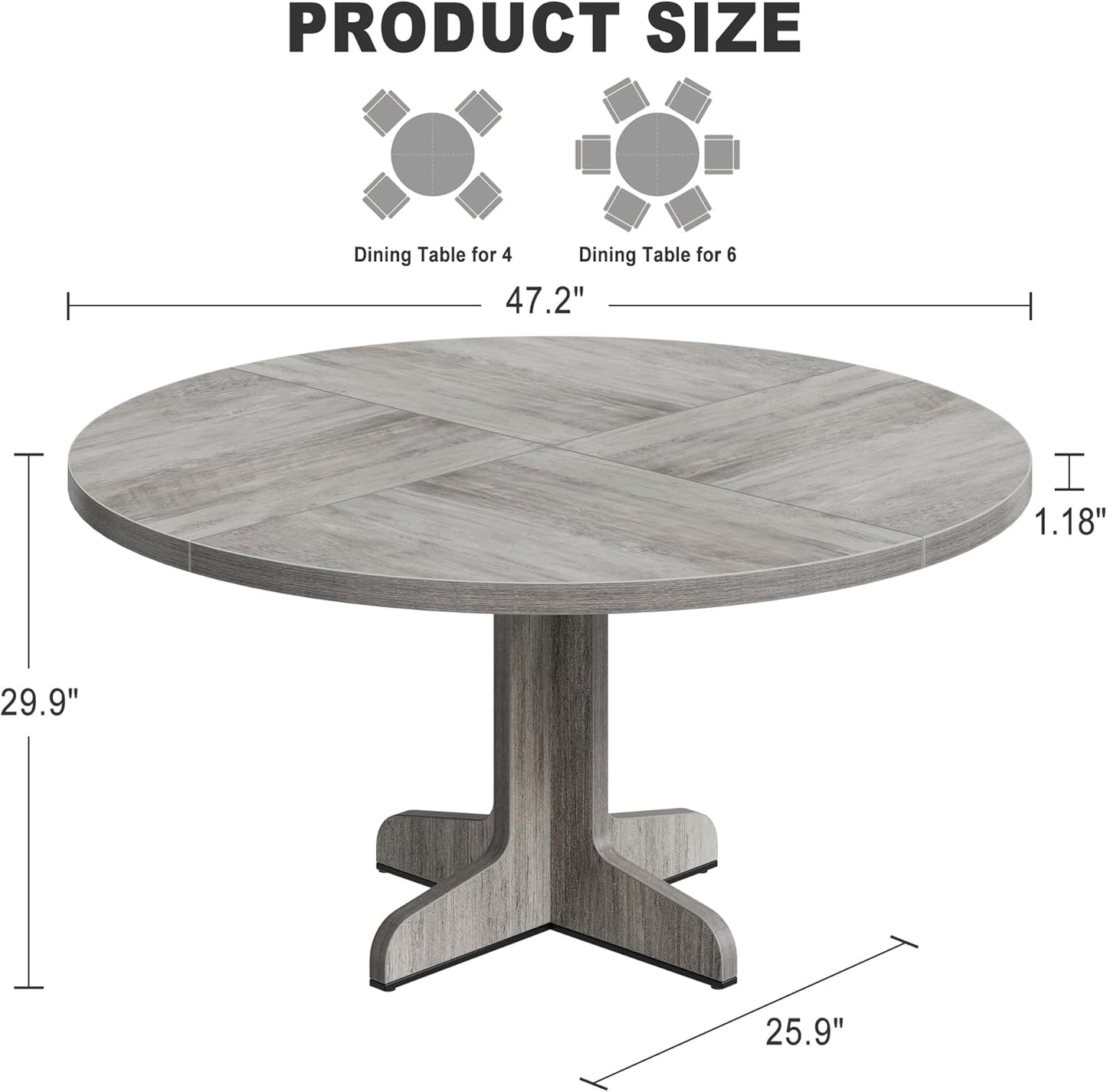 GarveeHome Round Dining Table for 4, 47 Inch Farmhouse Circle Kitchen Table with Wood Tabletop and Stable Base, for Home Dining Room Living Room, Grey (Only Table)
