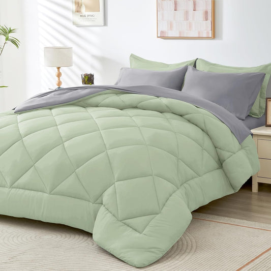 HEVUMYI Cali-King Comforter Set - 7-Piece All Season Bed in a Bag Cali-King, Ultra Soft Bedding Set with Comforter, Flat Sheet, Fitted Sheet, Pillowcases, Pillow Shams, Sage Green & Light Grey