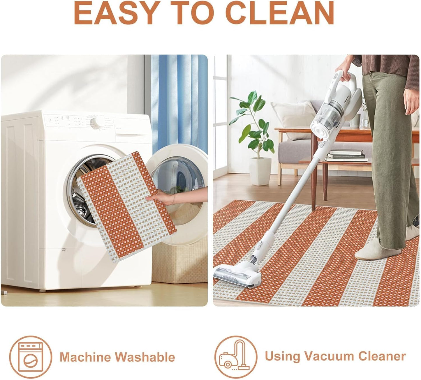 OJIA Fall Front Door Rug 24"x51" Halloween Doormat Striped Rug Cotton Woven Checkered Carpet Washable Front Door Mat Outdoor Small Area Rug for Porch Kitchen Entryway Patio Bathroom (Orange/White/Tan)