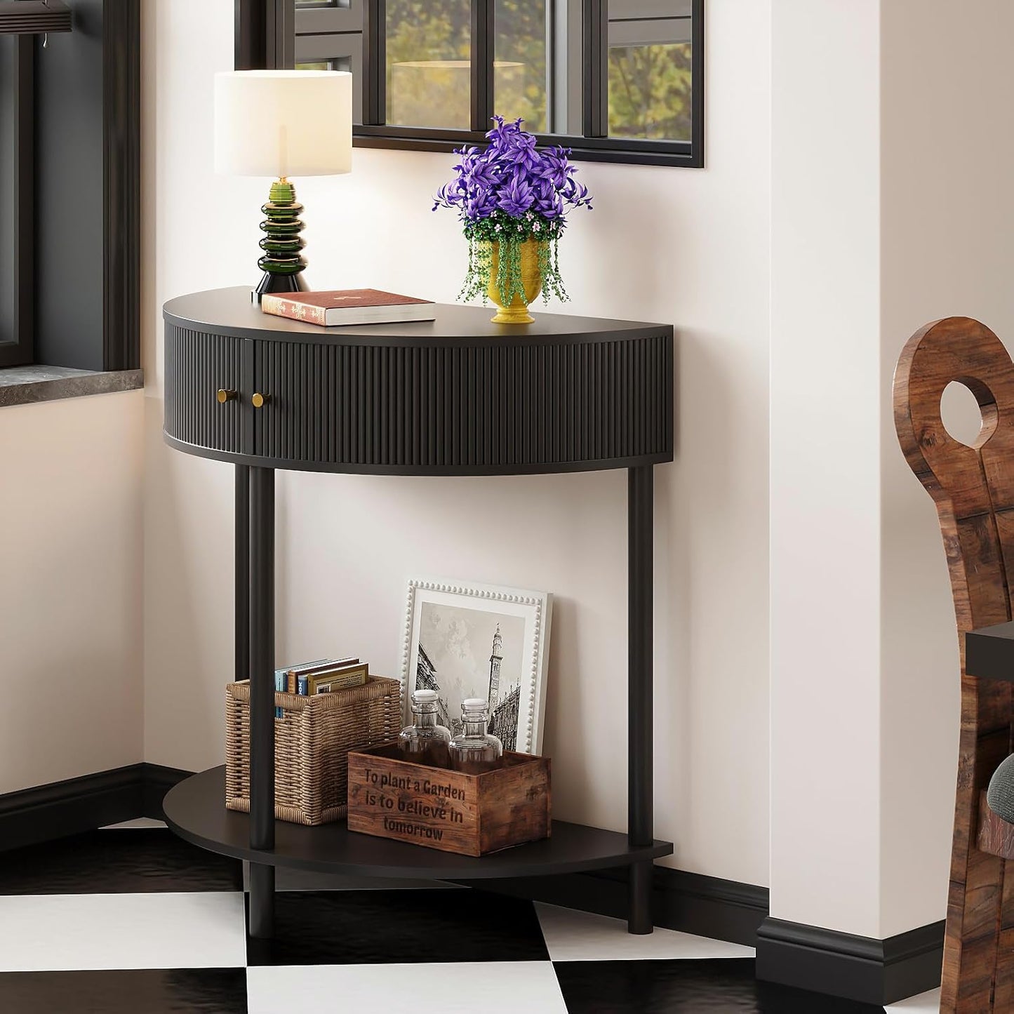 Fluted Half Moon Console Table 2 Tier Narrow Entryway Table with Storage for Small Space Modern Wood Sofa Table with Doors and Gold Knobs Boho Home Decor