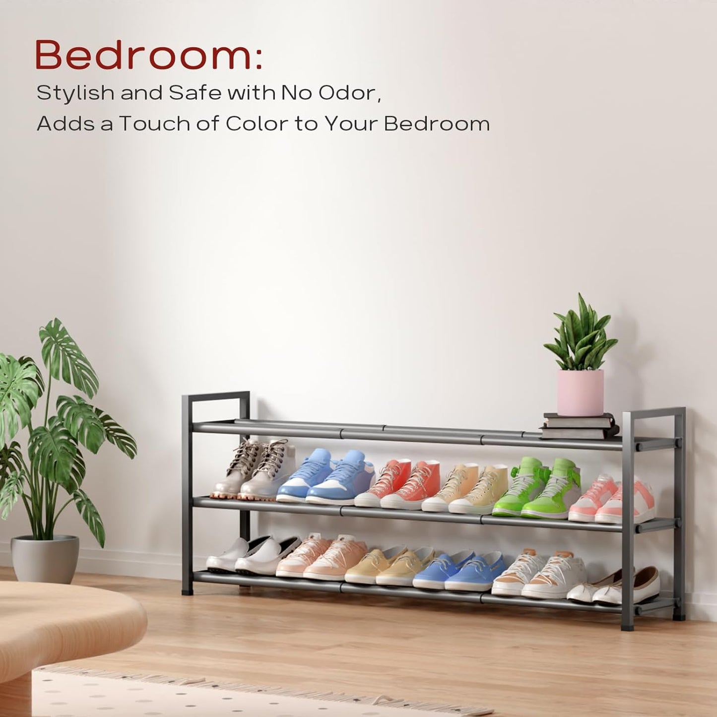 Bumusty 3-Tier Long Expandable Shoe Rack for Closet, 18"-44" Adjustable Shoe Rack for Entryway, 15-18 Pairs Large Shoe Organizer Shelf Storage, Sturdy Metal, Grey