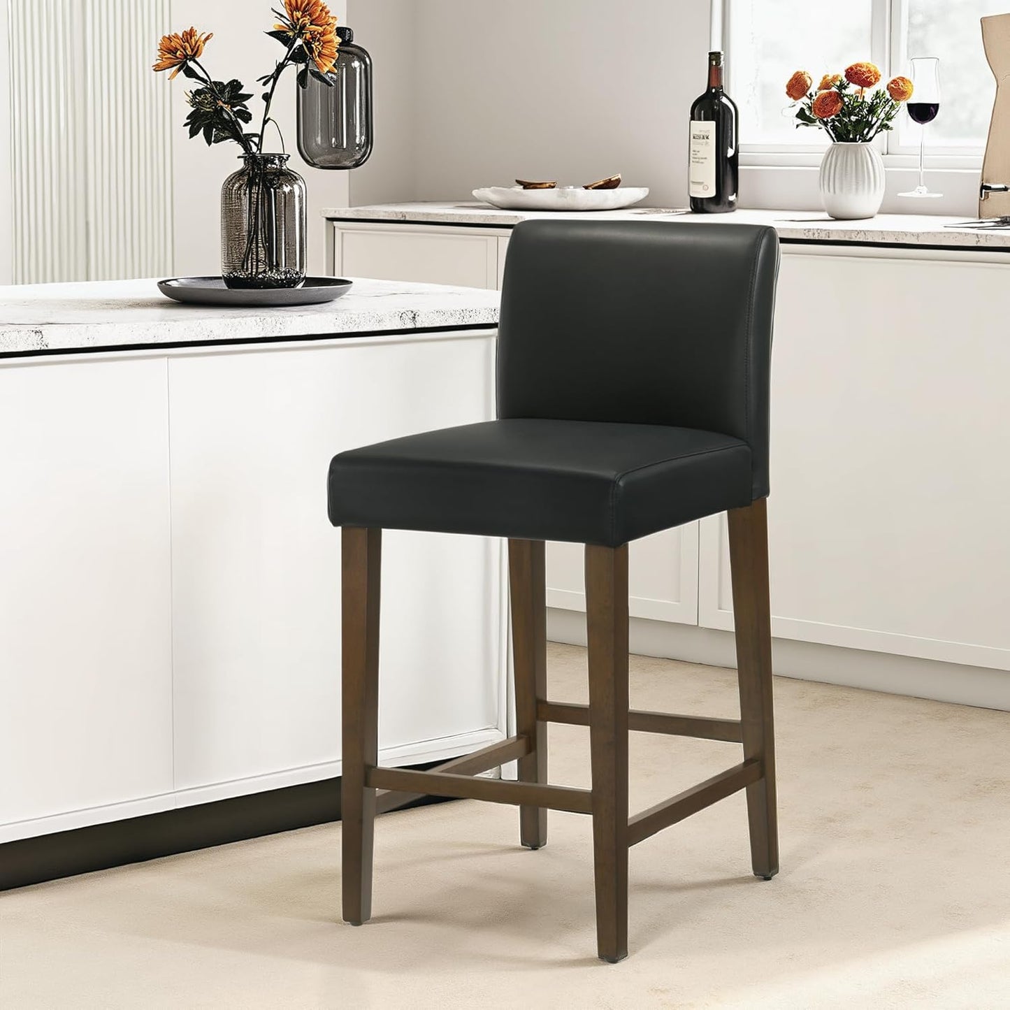 CHITA Counter Height Bar Stools Set of 2, 27" H Seat Height Upholstered Barstools, PU Leather in Black