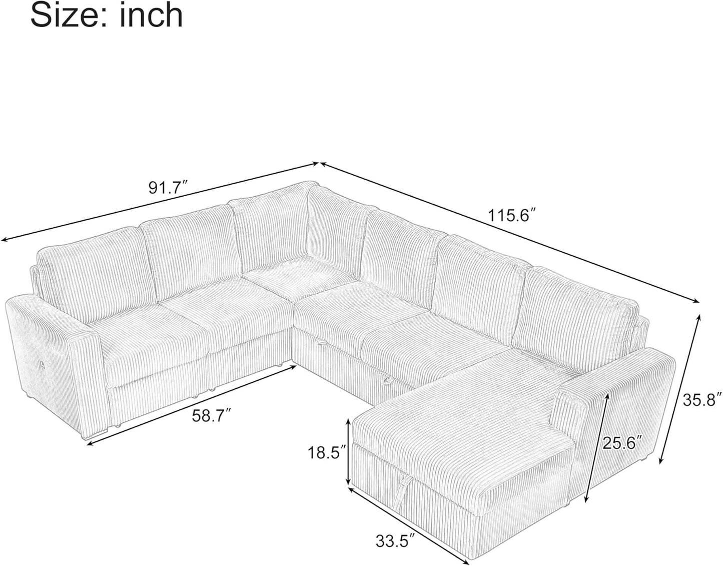 115.6 Inch U-Shaped Modular Sectional Sofa with Pull Out Bed, Storage Chaise and USB interfaces, Oversized Upholstered Combination Corner Couch for Living Room, Office, Spacious Space, Beige