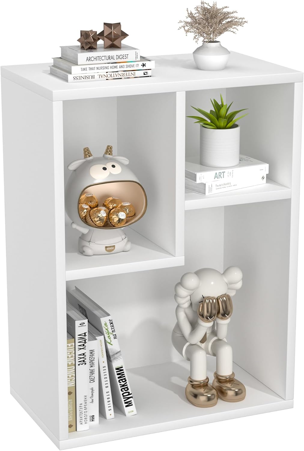 VECELO Small White Bookshelf, 3 Cube Shelf, Fits Tallest Hardcovers, Horizontal Available, Short Bookcase for Small Spaces, Pearl White