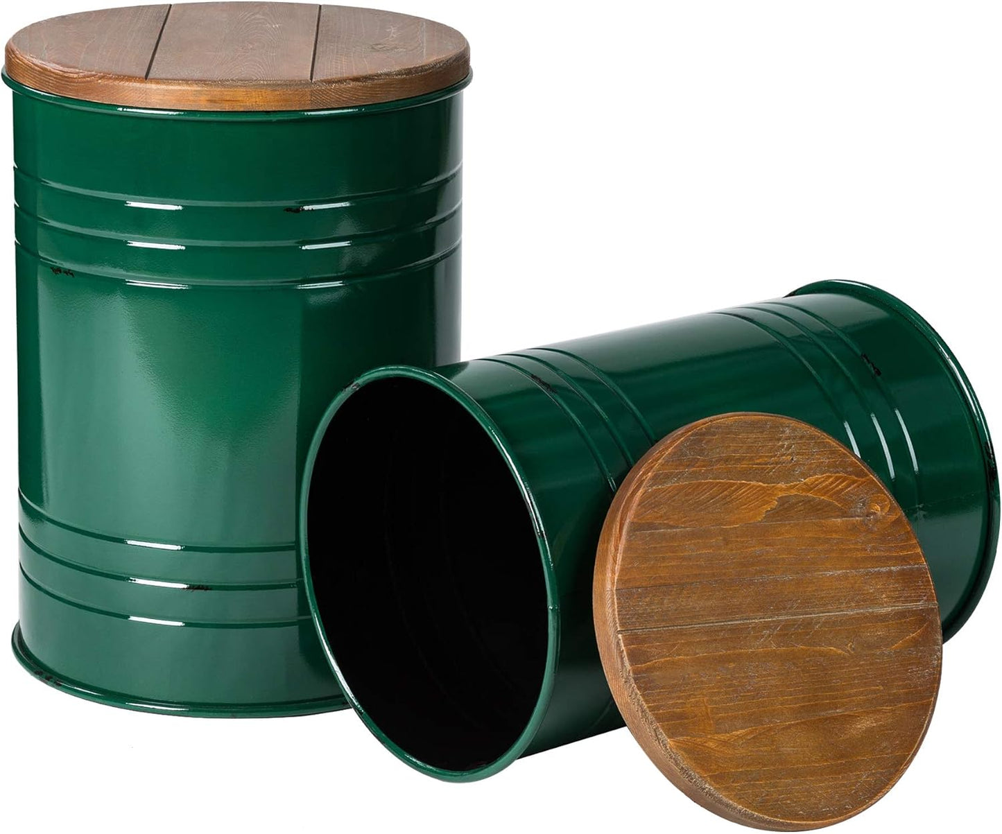 Glitzhome Farmhouse Accent Side Table, Metal Storage Stool Ottoman with Round Lid - Galvanized Coffee Cocktail End Tables Set of 2 for Living Room Bedroom, Hunter Green