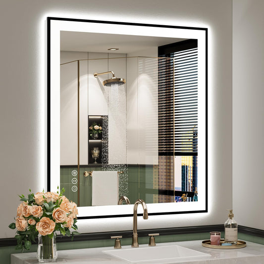32x36 Inch LED Bathroom Mirror with Lights (Front Lit and Backlit) Black Framed Lighted Vanity Mirror for Bathroom Wall Dimmable Anti-Fog Memory Tempered Glass Horizontal/Vertical